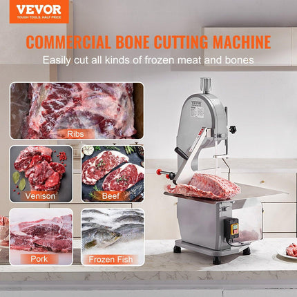 Commercial Electric Meat Bandsaw, 1500W Stainless Steel Countertop Bone Sawing Machine, Workbeach 19.3" x 15", 0.16-7.9 Inch Cutting Thickness, Frozen Meat Cutter with 6 Blades for Rib Pork Beef.