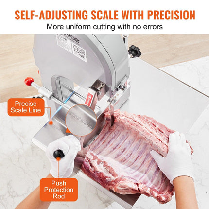 Commercial Electric Meat Bandsaw, 1500W Stainless Steel Countertop Bone Sawing Machine, Workbeach 19.3" x 15", 0.16-7.9 Inch Cutting Thickness, Frozen Meat Cutter with 6 Blades for Rib Pork Beef.