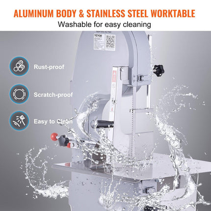 Commercial Electric Meat Bandsaw, 1500W Stainless Steel Countertop Bone Sawing Machine, Workbeach 19.3" x 15", 0.16-7.9 Inch Cutting Thickness, Frozen Meat Cutter with 6 Blades for Rib Pork Beef.