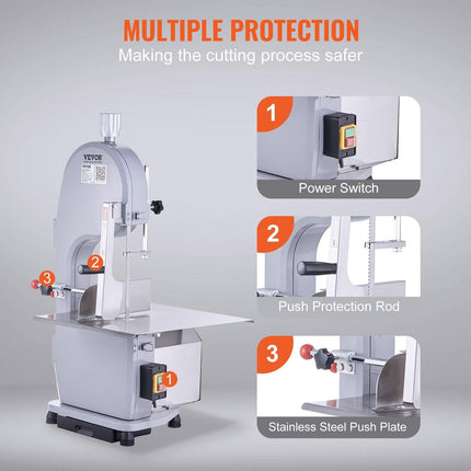 Commercial Electric Meat Bandsaw, 1500W Stainless Steel Countertop Bone Sawing Machine, Workbeach 19.3" x 15", 0.16-7.9 Inch Cutting Thickness, Frozen Meat Cutter with 6 Blades for Rib Pork Beef.