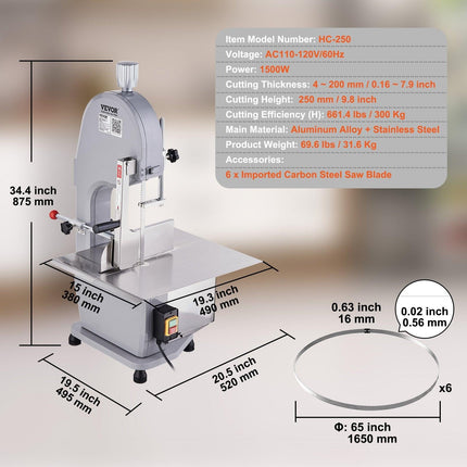 Commercial Electric Meat Bandsaw, 1500W Stainless Steel Countertop Bone Sawing Machine, Workbeach 19.3" x 15", 0.16-7.9 Inch Cutting Thickness, Frozen Meat Cutter with 6 Blades for Rib Pork Beef.