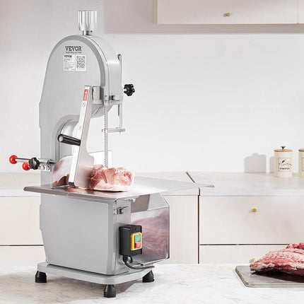 Commercial Electric Meat Bandsaw, 1500W Stainless Steel Countertop Bone Sawing Machine, Workbeach 19.3" x 15", 0.16-7.9 Inch Cutting Thickness, Frozen Meat Cutter with 6 Blades for Rib Pork Beef.