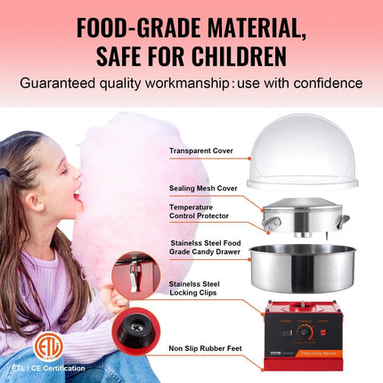 Electric Cotton Candy Machine, 1000W Candy Floss Maker, Commercial Cotton Candy Machine with Cover, Stainless Steel Bowl, and Sugar Scoop, Perfect for Home Kids Birthday, Family Party (Red).