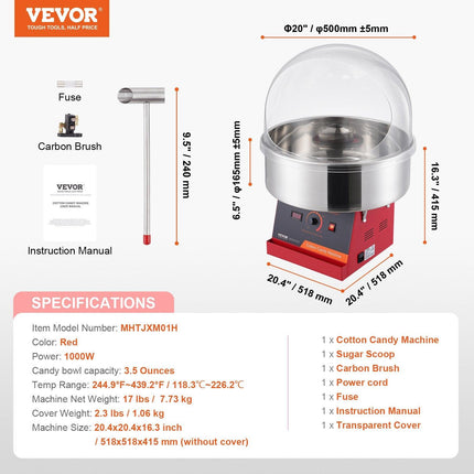 Electric Cotton Candy Machine, 1000W Candy Floss Maker, Commercial Cotton Candy Machine with Cover, Stainless Steel Bowl, and Sugar Scoop, Perfect for Home Kids Birthday, Family Party (Red).
