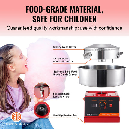 Electric Cotton Candy Machine, 1000W Candy Floss Maker, Commercial Cotton Candy Machine with Stainless Steel Bowl, and Sugar Scoop, Perfect for Home Kids Birthday, Family Party (Red).