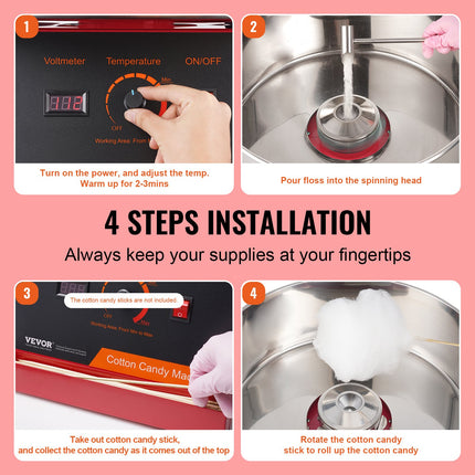 Electric Cotton Candy Machine, 1000W Candy Floss Maker, Commercial Cotton Candy Machine with Stainless Steel Bowl, and Sugar Scoop, Perfect for Home Kids Birthday, Family Party (Red).