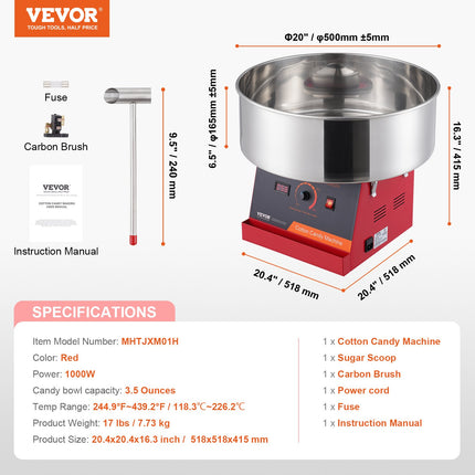 Electric Cotton Candy Machine, 1000W Candy Floss Maker, Commercial Cotton Candy Machine with Stainless Steel Bowl, and Sugar Scoop, Perfect for Home Kids Birthday, Family Party (Red).