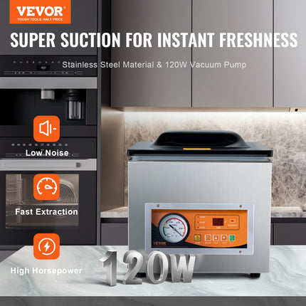 Chamber Vacuum Sealer, 260W Sealing Power, Vacuum Packing Machine for Wet Foods, Meats, Marinades and More, Compact Size with 260 mm Sealing Length, Applied in Home Kitchen and Commercial Use.