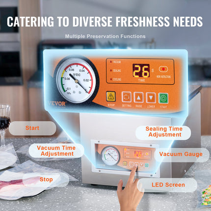 Chamber Vacuum Sealer, 260W Sealing Power, Vacuum Packing Machine for Wet Foods, Meats, Marinades and More, Compact Size with 260 mm Sealing Length, Applied in Home Kitchen and Commercial Use.