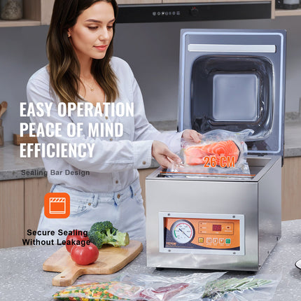 Chamber Vacuum Sealer, 260W Sealing Power, Vacuum Packing Machine for Wet Foods, Meats, Marinades and More, Compact Size with 260 mm Sealing Length, Applied in Home Kitchen and Commercial Use.