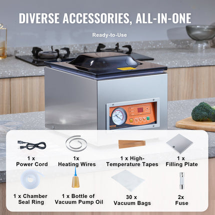 Chamber Vacuum Sealer, 260W Sealing Power, Vacuum Packing Machine for Wet Foods, Meats, Marinades and More, Compact Size with 260 mm Sealing Length, Applied in Home Kitchen and Commercial Use.