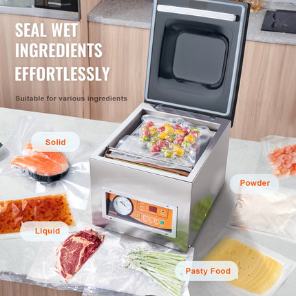 Chamber Vacuum Sealer, 260W Sealing Power, Vacuum Packing Machine for Wet Foods, Meats, Marinades and More, Compact Size with 260 mm Sealing Length, Applied in Home Kitchen and Commercial Use.