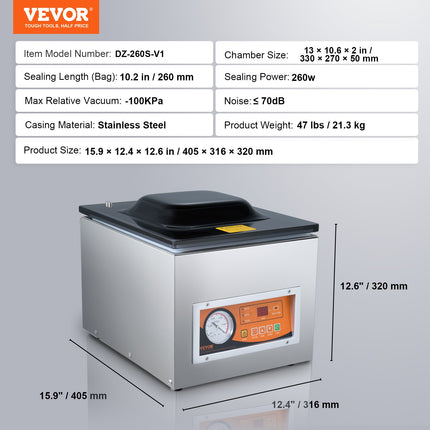 Chamber Vacuum Sealer, 260W Sealing Power, Vacuum Packing Machine for Wet Foods, Meats, Marinades and More, Compact Size with 260 mm Sealing Length, Applied in Home Kitchen and Commercial Use.