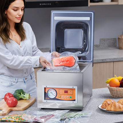 Chamber Vacuum Sealer, 260W Sealing Power, Vacuum Packing Machine for Wet Foods, Meats, Marinades and More, Compact Size with 260 mm Sealing Length, Applied in Home Kitchen and Commercial Use.