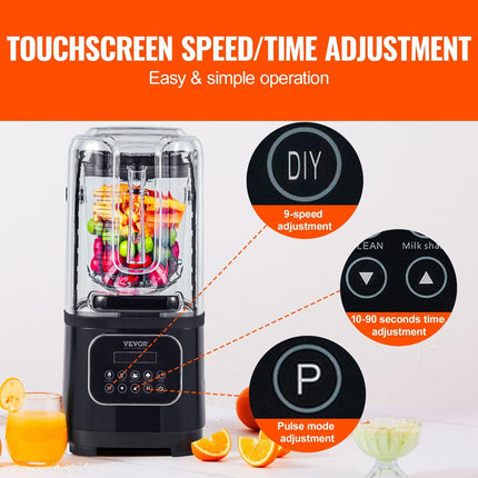 Professional Blender with Shield, Commercial Countertop Blenders, 2L Jar Blender Combo, Stainless Steel 9 Speed & 5 Functions Blender, for Shakes, Smoothies, Peree, and Crush Ice, Black.