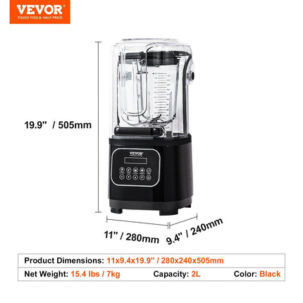 Professional Blender with Shield, Commercial Countertop Blenders, 2L Jar Blender Combo, Stainless Steel 9 Speed & 5 Functions Blender, for Shakes, Smoothies, Peree, and Crush Ice, Black.