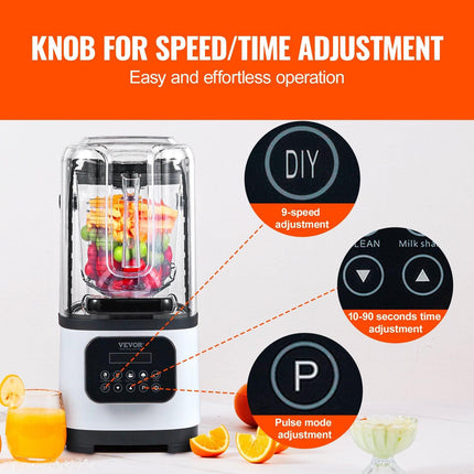 Professional Blender with Shield, Commercial Countertop Blenders, 2L Jar Blender Combo, Stainless Steel 9 Speed & 5 Functions Blender, for Shakes, Smoothies, Peree, and Crush Ice, White.