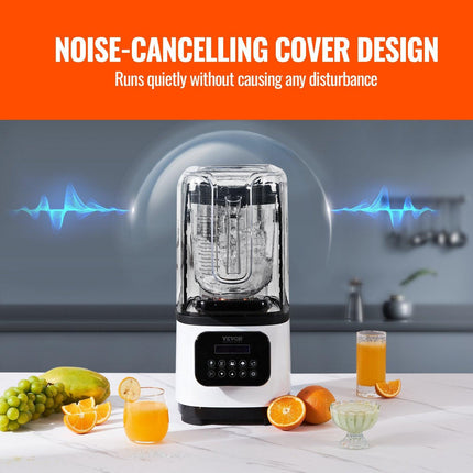 Professional Blender with Shield, Commercial Countertop Blenders, 2L Jar Blender Combo, Stainless Steel 9 Speed & 5 Functions Blender, for Shakes, Smoothies, Peree, and Crush Ice, White.