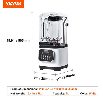 Professional Blender with Shield, Commercial Countertop Blenders, 2L Jar Blender Combo, Stainless Steel 9 Speed & 5 Functions Blender, for Shakes, Smoothies, Peree, and Crush Ice, White.