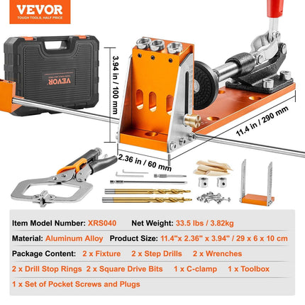 Pocket Hole Jig Kit, 34 Pcs Pocket Hole Jig System with C-clamp, Fixture, Step Drills, Wrenches, Drill Stop Rings, Square Drive Bits, Toolbox, for DIY Carpentry Projects, Adjustable.