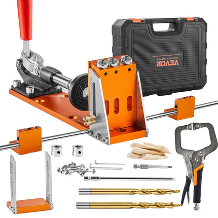 Pocket Hole Jig Kit, 34 Pcs Pocket Hole Jig System with C-clamp, Fixture, Step Drills, Wrenches, Drill Stop Rings, Square Drive Bits, Toolbox, for DIY Carpentry Projects, Adjustable.