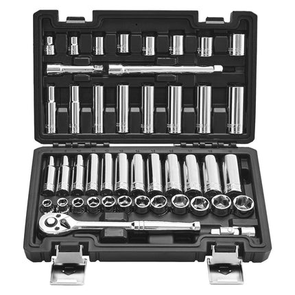 Socket Set, 44 Pieces, 9.5 mm Drive Socket and Ratchet Set, SAE and Metric, Deep and Shallow, Mechanic Tool Kit with Accessories and Storage Case, CR-V Alloy Steel, for Automotive Repair.