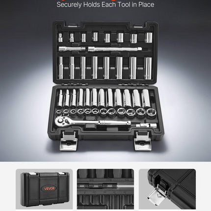 Socket Set, 44 Pieces, 9.5 mm Drive Socket and Ratchet Set, SAE and Metric, Deep and Shallow, Mechanic Tool Kit with Accessories and Storage Case, CR-V Alloy Steel, for Automotive Repair.
