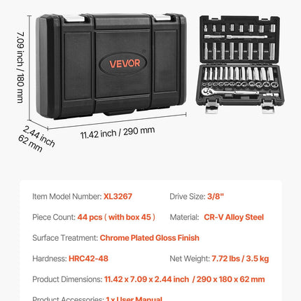 Socket Set, 44 Pieces, 9.5 mm Drive Socket and Ratchet Set, SAE and Metric, Deep and Shallow, Mechanic Tool Kit with Accessories and Storage Case, CR-V Alloy Steel, for Automotive Repair.