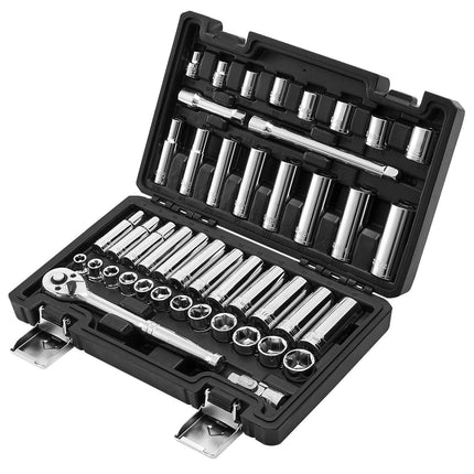 Socket Set, 44 Pieces, 9.5 mm Drive Socket and Ratchet Set, SAE and Metric, Deep and Shallow, Mechanic Tool Kit with Accessories and Storage Case, CR-V Alloy Steel, for Automotive Repair.