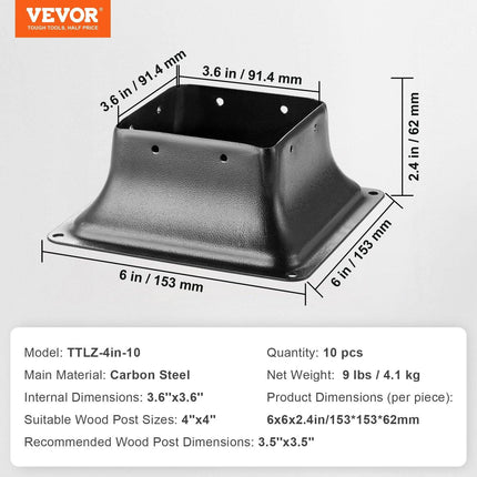 101.6x101.6mm Post Base 10Pcs, Internal 91x91mm Heavy Duty Powder-Coated Steel Post Bracket Fit for Standard Wood Post Anchor, Decking Post Base for Deck Porch Handrail Railing Support.