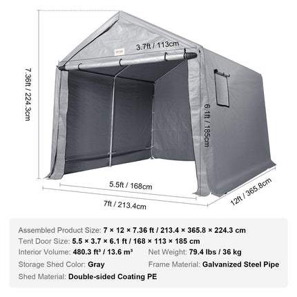 Protable Stotage Shelter Garage Stotage Shed 7 x 12 x 7.36ft & Zipper Door.