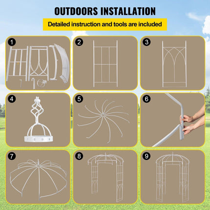Birdcage Shape Garden Arbor, 9\' High x 6.6\' Wide, Heavy Duty Wrought Iron Arbor, Wedding Arch Trellis for Climbing Vines in Outdoor Garden, Lawn, Backyard, Patio, White.