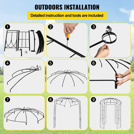 Birdcage Shape Garden Arbor, 9\' High x 6.6\' Wide, Heavy Duty Wrought Iron Arbor, Wedding Arch Trellis for Climbing Vines in Outdoor Garden, Lawn, Backyard, Patio, Black.
