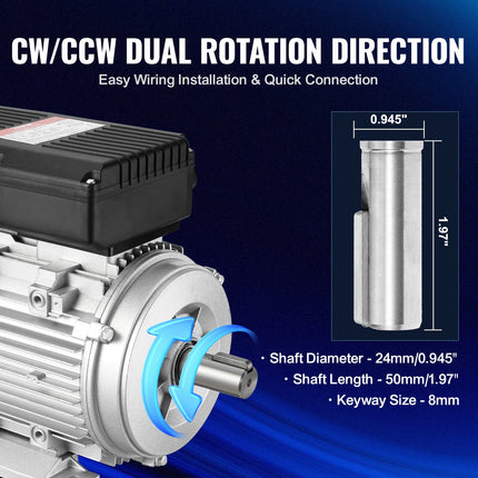 2.2KW Electric Motor 2800 rpm, AC 220~240V 13.8A, 90L, B3 Frame, Air Compressor Motor Single Phase, 24mm Keyed Shaft, CW/CCW Rotation for Agricultural Machinery and General Equipment.