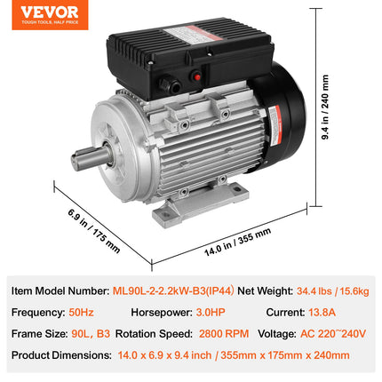 2.2KW Electric Motor 2800 rpm, AC 220~240V 13.8A, 90L, B3 Frame, Air Compressor Motor Single Phase, 24mm Keyed Shaft, CW/CCW Rotation for Agricultural Machinery and General Equipment.