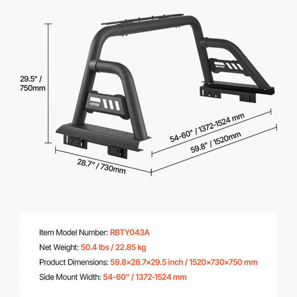 Truck Bed Roll Bar Universal Chase Rack for Mid-Size Pickup Carbon Steel.