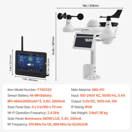 7-in-1 Wi-Fi Weather Station 177.8 mm TFT Display Wireless Outdoor Sensor.
