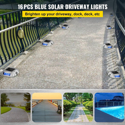 VEVOR Driveway Lights 16-Pack, Solar Driveway Lights with Switch Button, Solar Deck Lights Waterproof, Wireless Dock Lights 6 LEDs for Path Warning Garden Walkway Sidewalk Steps, LED Bright Blue.