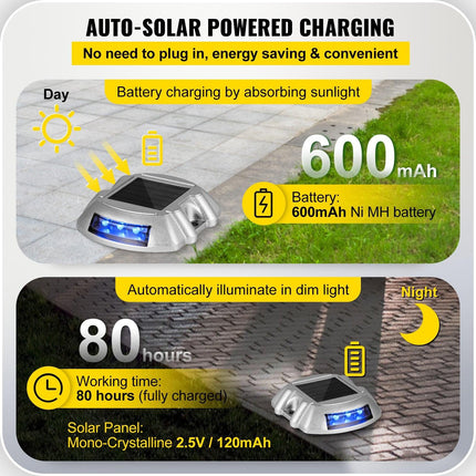 VEVOR Driveway Lights 16-Pack, Solar Driveway Lights with Switch Button, Solar Deck Lights Waterproof, Wireless Dock Lights 6 LEDs for Path Warning Garden Walkway Sidewalk Steps, LED Bright Blue.