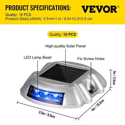 VEVOR Driveway Lights 16-Pack, Solar Driveway Lights with Switch Button, Solar Deck Lights Waterproof, Wireless Dock Lights 6 LEDs for Path Warning Garden Walkway Sidewalk Steps, LED Bright Blue.