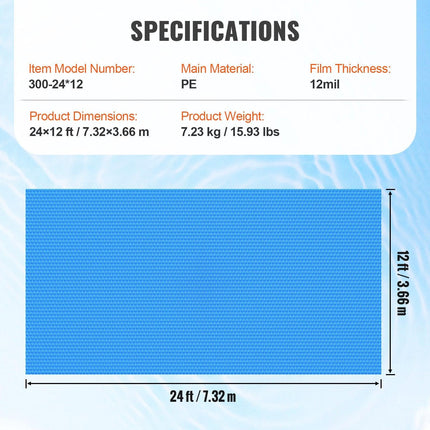 Solar Pool Cover, 24 x 12 ft Rectangle Solar Blanket for Pools, Inground Above Ground Swimming Pool Solar Cover, 12 mil Solar Covers Blue.