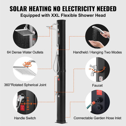 Outdoor Solar Heated Shower, 40L Poolside Shower Kit with 2 Shower Head and Foot Shower Tap, Handheld/Hanging Two Modes Fast Assembly W/ Pre-Drilled Hole for Outdoor Backyard Poolside Beach Spa.