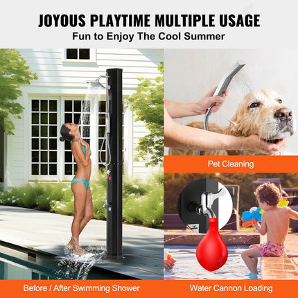 Outdoor Solar Heated Shower, 40L Poolside Shower Kit with 2 Shower Head and Foot Shower Tap, Handheld/Hanging Two Modes Fast Assembly W/ Pre-Drilled Hole for Outdoor Backyard Poolside Beach Spa.
