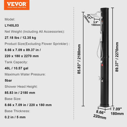 Outdoor Solar Heated Shower, 40L Poolside Shower Kit with 2 Shower Head and Foot Shower Tap, Handheld/Hanging Two Modes Fast Assembly W/ Pre-Drilled Hole for Outdoor Backyard Poolside Beach Spa.