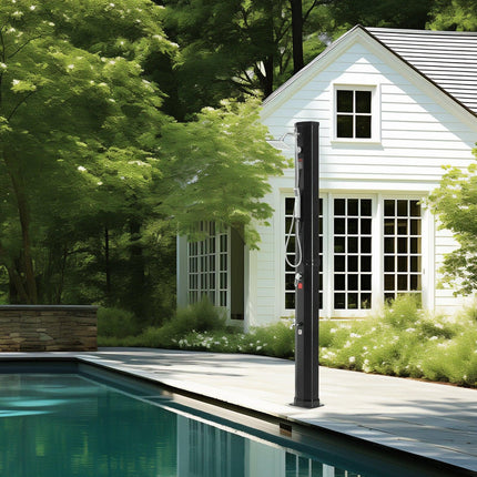 Outdoor Solar Heated Shower, 40L Poolside Shower Kit with 2 Shower Head and Foot Shower Tap, Handheld/Hanging Two Modes Fast Assembly W/ Pre-Drilled Hole for Outdoor Backyard Poolside Beach Spa.