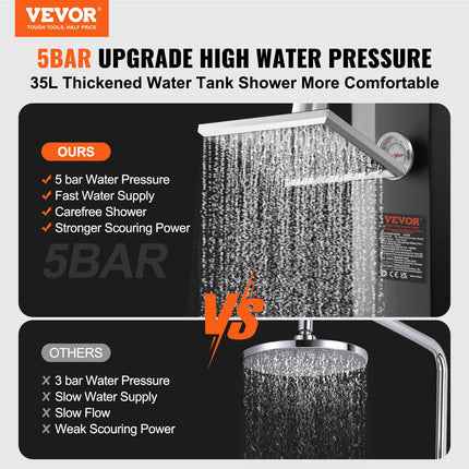 Outdoor Solar Heated Shower, 35L Poolside Shower Kit with Shower Head and Foot Shower Tap, Double Buckle Fast Assembly W/ Pre-Drilled Holes for Outdoor Backyard Poolside Beach Spa.