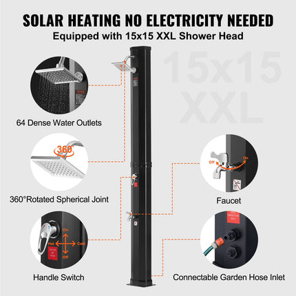 Outdoor Solar Heated Shower, 35L Poolside Shower Kit with Shower Head and Foot Shower Tap, Double Buckle Fast Assembly W/ Pre-Drilled Holes for Outdoor Backyard Poolside Beach Spa.