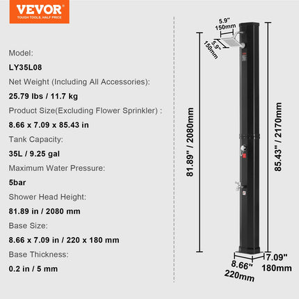 Outdoor Solar Heated Shower, 35L Poolside Shower Kit with Shower Head and Foot Shower Tap, Double Buckle Fast Assembly W/ Pre-Drilled Holes for Outdoor Backyard Poolside Beach Spa.
