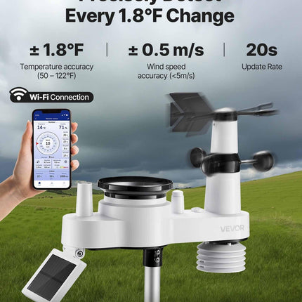 7-in-1 Wi-Fi Weather Station with APP, 190.5 mm VA Display, Wireless Solar Powered Outdoor Sensor, Rain Gauge, Indoor Outdoor for Weather Forecast, Wind Speed, Temperature, Humidity, Rainfall.