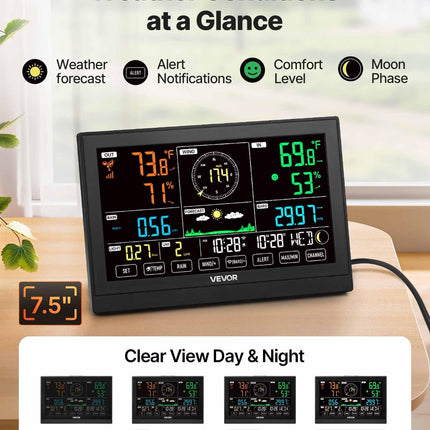 7-in-1 Wi-Fi Weather Station with APP, 190.5 mm VA Display, Wireless Solar Powered Outdoor Sensor, Rain Gauge, Indoor Outdoor for Weather Forecast, Wind Speed, Temperature, Humidity, Rainfall.